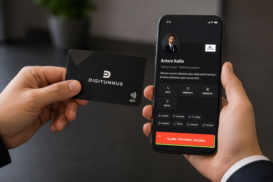 Digitunnus NFC-kortti ja profiilisivu puhelimessa